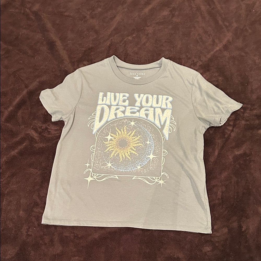 Love Tribe Gray Tee with Sun and Dream Graphic